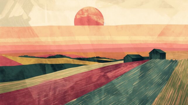 Abstract illustration of rural fields with barns under a colorful sunset sky