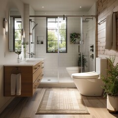 Fototapeta na wymiar A sleek, gender-neutral bathroom design featuring crisp white walls, clean lines, and multifunctional fixtures, embodying a modern approach to shared spaces 