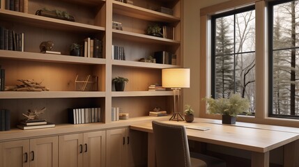 Fototapeta na wymiar Home office with light oak built-ins and evergreen wood writing desk top.