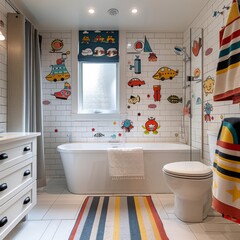 A whimsical childrens bathroom with white walls serving as a backdrop for colorful decals and educational toys, making bath time both fun - obrazy, fototapety, plakaty