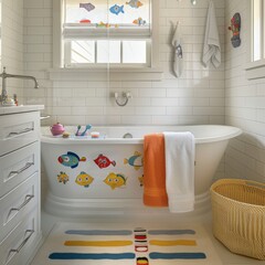A whimsical childrens bathroom with white walls serving as a backdrop for colorful decals and educational toys, making bath time both fun - obrazy, fototapety, plakaty