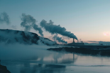 A geothermal power plant in the soft light of dusk, the rising steam symbolizing the harnessing of the earth's natural heat