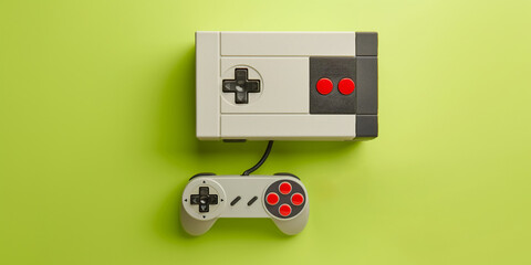 Vintage video game system with controllers on a vibrant green backdrop