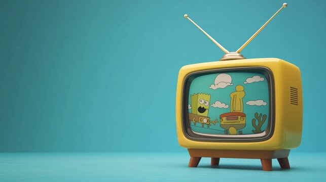Retro-style yellow tv displaying a colorful cartoon on a blue background