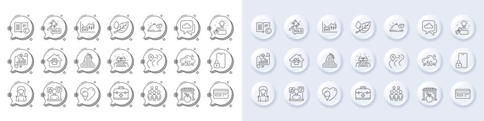 Woman, Pet shelter and Report document line icons. White pin 3d buttons, chat bubbles icons. Pack of Lock, Ice cream, Weather forecast icon. Credit card, Social media, Group people pictogram. Vector