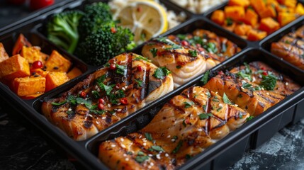 An athletes meal prep for the week, featuring containers filled with balanced portions of grilled fish, brown rice, steamed broccoli, and sweet potatoes--each meal carefully planned  - obrazy, fototapety, plakaty