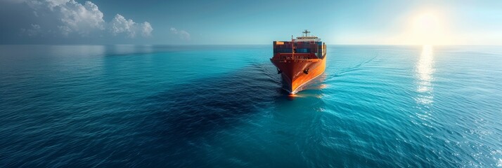 Container ship journeying through crystal-clear ocean under cloudless sky, heavily laden