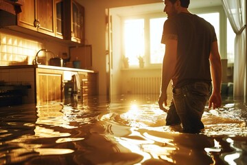 Man fixing leaking water pipe causing house flood. - obrazy, fototapety, plakaty