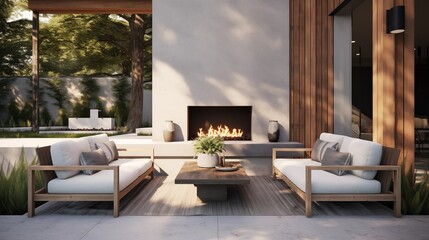 Inviting outdoor living space with fresh cedar accents, modern concrete fireplace, and cozy seating area. - obrazy, fototapety, plakaty