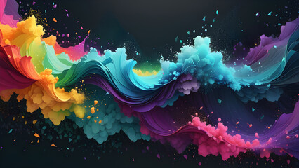 Vibrant abstract wave of colorful particles on a dark background, representing creative digital art or dynamic motion. - obrazy, fototapety, plakaty