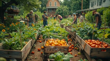 In a community garden bathed in the afternoon sun, a group of neighbors share tips on organic gardening and swap fresh produce, fostering a sense of connection and commitment to sustainable - obrazy, fototapety, plakaty