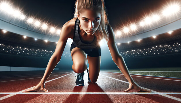 Female runner in a starting position on a track, her expression focused and determined. She is wearing competitive running gear against a backdrop of stadium lights