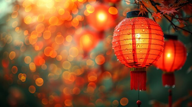  Two red lanterns dangle from a tree, framing a hazy background of rustling red leaves and a soft glow of flickering lights