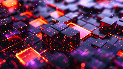 Abstract Technology Network, Futuristic Digital Blocks Floating in Cyberspace, Bright Blue Connectivity