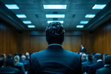 Fototapeta premium Boss addressing employees in small office conference room about business organization. Concept Management Communication, Team Meeting, Business Strategy, Organizational Structure, Office Presentation