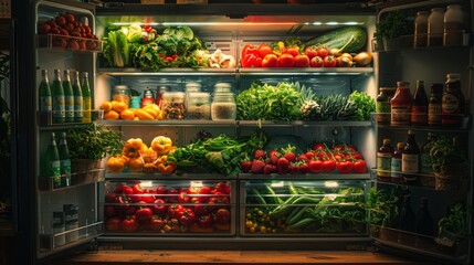 The glow of a refrigerator light in a dimly lit kitchen reveals a collection of locally sourced, seasonal produce, emphasizing the importance of supporting local farmers and maintaining  - obrazy, fototapety, plakaty