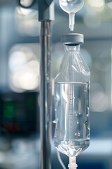 Vital Lifeline: Close-up Shot of an Intravenous Fluid Bag in a Hospital Setting