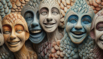 A group of carved wooden faces