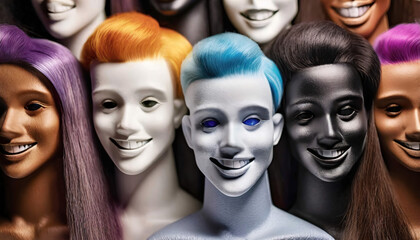 A group of different colored manikins