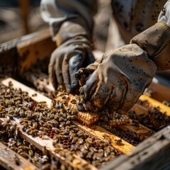 The hands of a beekeeper, clad in leather gloves, carefully placing a frame back into the hive, demonstrating the precision and care required in handling the lives and homes of bees