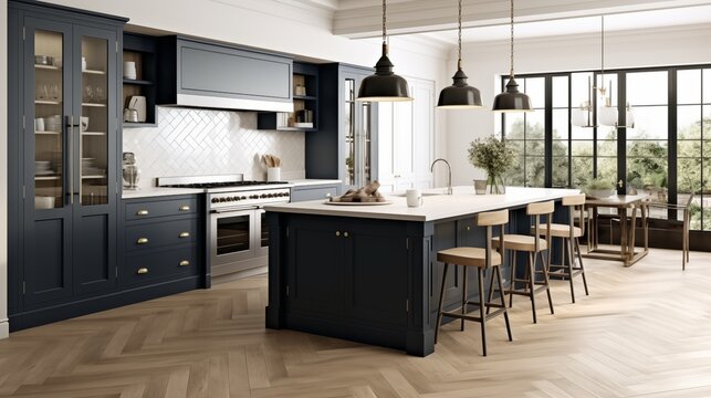 Kitchen in off-whites and creams with deep navy blue shaker style cabinets.