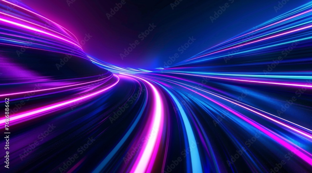 Poster dynamic neon light pathways on purple background - a vivid abstract image of neon light streaks spee