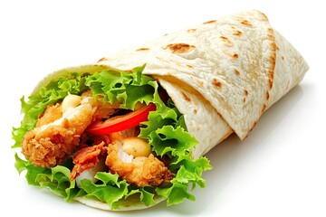 Tortilla wrap with fried chicken and fresh vegetables on white background