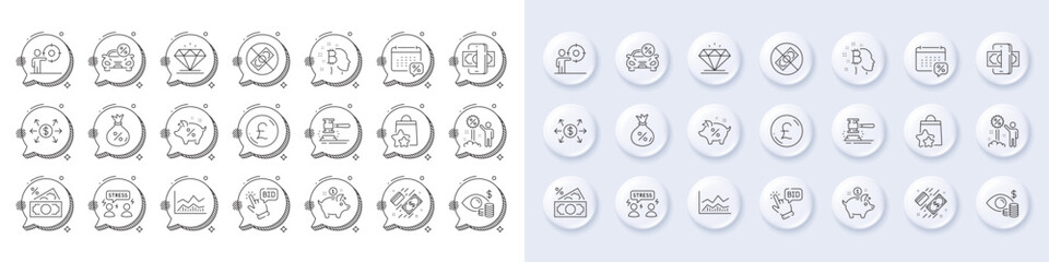 Trade infochart, Loan percent and Business vision line icons. White pin 3d buttons, chat bubbles icons. Pack of Car leasing, Saving money, Loyalty points icon. Vector
