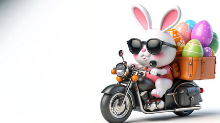 3D Cool Easter bunny with sunglasses and Easter eggs in his backpack on a motorbike. - obrazy, fototapety, plakaty