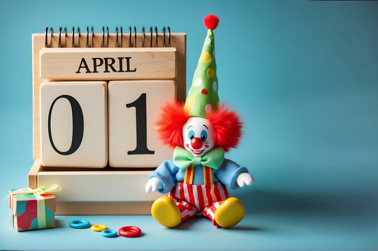 Image of april calendar and cute clown on blue background. April Fool's Day