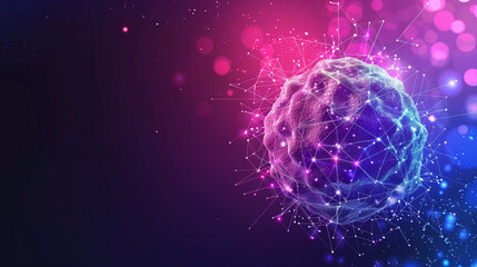 Futuristic monkey pox virus concept banner with glowing low polygonal virus cell and place for te