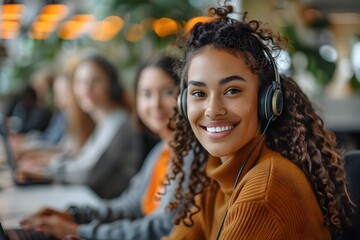 Obraz premium A team of diverse professionals in a call center busily at work. Concept Diverse Professionals, Call Center, Teamwork, Busy Environment, Corporate Setting