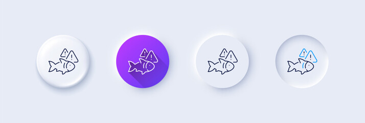Fish line icon. Neumorphic, Purple gradient, 3d pin buttons. Fishing catch sign. Aquarium attention symbol. Line icons. Neumorphic buttons with outline signs. Vector