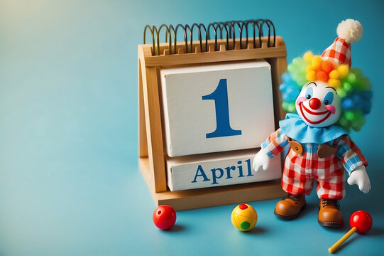 Image of april calendar and cute clown on blue background. April Fool's Day
