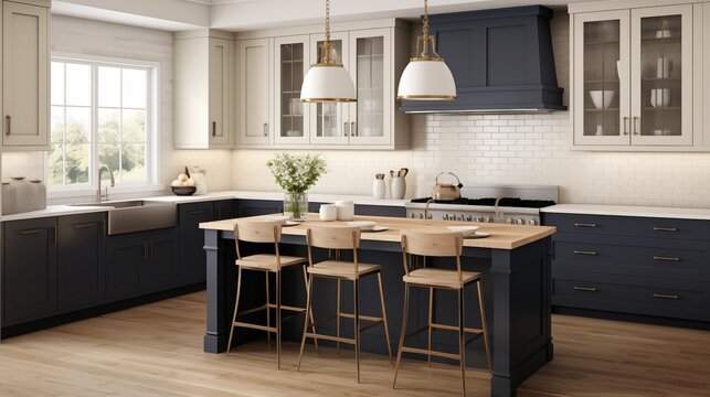 Kitchen in off-whites and creams with deep navy blue shaker style cabinets.