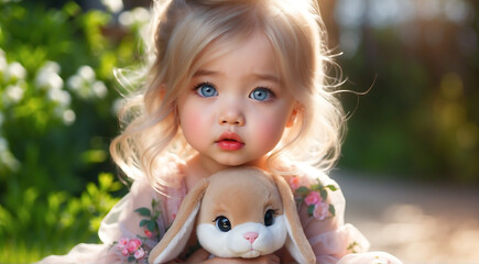 Beautiful stylish toddler child, blonde girl, playing with Easter plush rabbit