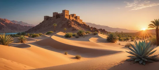 Fotobehang Desert landscape, ancient castle in sand dunes, oasis in desert background.  Hot sun, blue sky © Amarylle