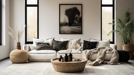 Fototapeta na wymiar A living room with a white couch, a black and white framed picture, and a potted plant. The room has a modern and minimalist style, with a focus on clean lines and neutral colors