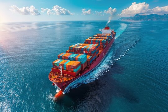 Massive freighter navigating through vivid cobalt sea with cloudless horizon
