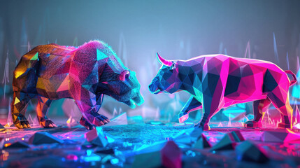 Two bears are fighting in a colorful, abstract style