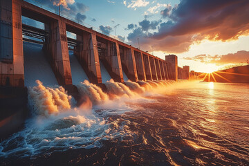 A hydroelectric dam at sunset, the warm, soft light reflecting off the water symbolizing the...