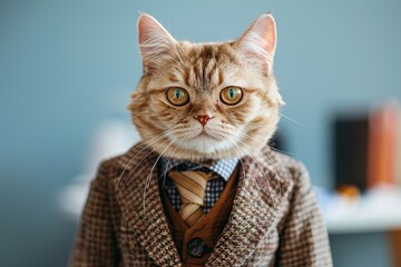 Cute ginger cat in modern suit on blurred office background