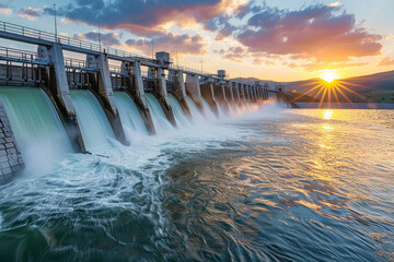 A hydroelectric dam at sunset, the warm, soft light reflecting off the water symbolizing the generation of clean, renewable energy