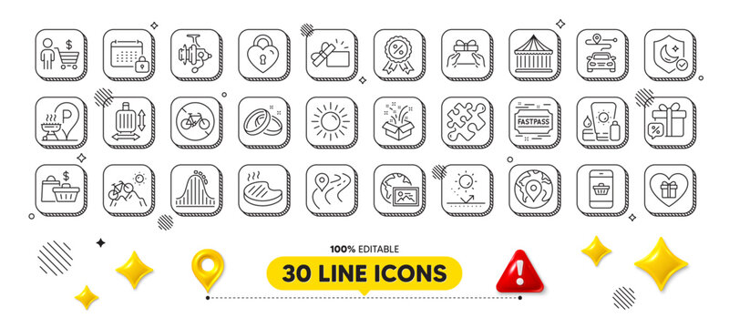 Pin, Calendar and Fishing reel line icons pack. 3d design elements. Bicycle prohibited, Baggage size, Grilled steak web icon. Grill place, Puzzle, Journey pictogram. Web photo, Buyer, Guard. Vector