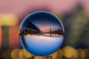 A skyline viewed through the glass ball