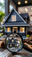 Magnifying glass unveils house model, symbolizing exploration in the real estate market - obrazy, fototapety, plakaty