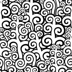 Seamless pattern with black swirls on a white background. hand drawing. Not AI . Vector illustration