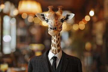 Giraffe in black suit on blurred restaurant background