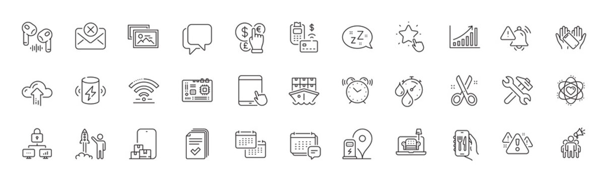 Charging station, Headphone and Graph chart line icons. Pack of Repair, Talk bubble, Tablet pc icon. Charge battery, Atom, Ranking star pictogram. Photo album, Smartphone holding. Line icons. Vector
