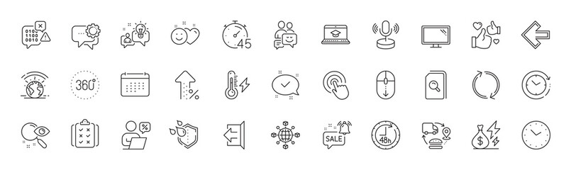 Calendar, Timer and Scroll down line icons. Pack of Like, Click, Search files icon. Online discounts, Left arrow, Increasing percent pictogram. Refresh, Logistics network, 360 degrees. Vector - obrazy, fototapety, plakaty